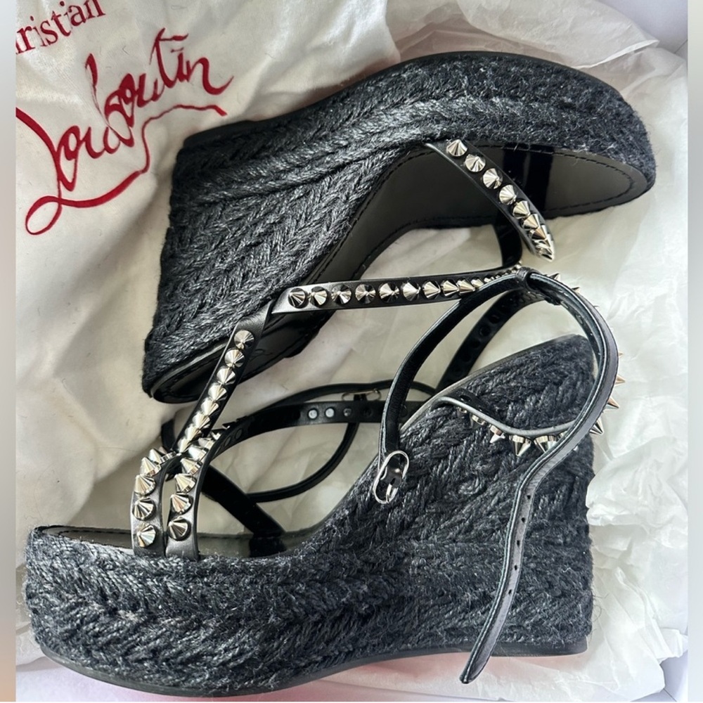 Christian Louboutin Mafaldina Zeppa 120 Black Spiked Wedge Sandals 38 NEW $895 - Picture 4 of 13